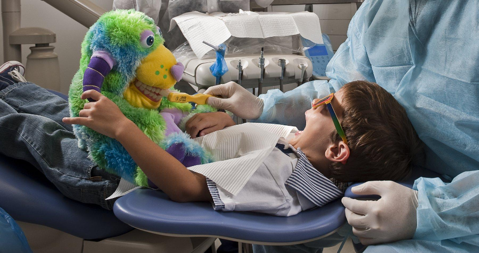 Pediatric patient brushes teeth of his favorite stuffed animal at UTHealth School of Dentistry at Houston.